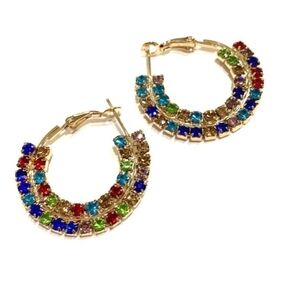 Gold-Tone Multi-Color Crystal Hoop Earrings